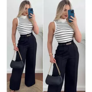 Calça Pantalona Feminina Alfaitaria Com Cinto Cintura Alta com bolsos Preto,Cinza,marinho ate o G1