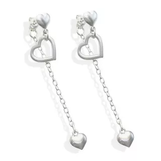 Brinco Feminino de Prata 925 Coração Abaulado com Pingente Coração Vazado e 1 corrente em Oferta na Shopee