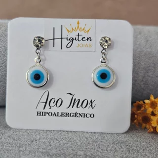 Brinco Olho Grego Feminino Aço Inox Com Pedras Zircônia Par Modelo Branco