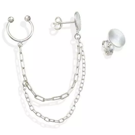 Brinco Feminino de Prata 925 Redondo Diamantado com 1 lado Corrente e Pierc