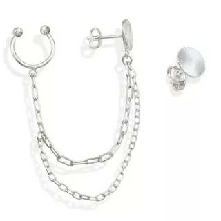 Brinco Feminino de Prata 925  Redondo Diamantado com 1 lado Corrente e Piercing em Oferta na Shopee