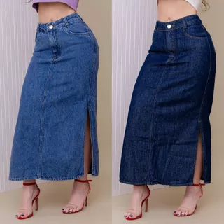 Saia Jeans Feminina Midi Longa Cintura Alta Moda Evangélica Com Abertura Lateral e Fenda