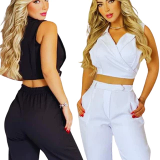 Kit 2 Conjuntos Blusa Gola e Detalhe com Calça Clássica Tendência da Moda