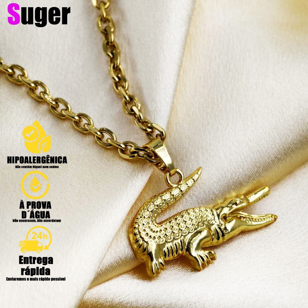 Kit Corrente Masculina Banhada a Ouro com Pingente Crocodilo Lacoste ...