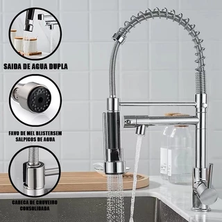 Torneira Gourmet Cozinha Monocomando Premium Prateado Móvel Misturador Mono Comando com Spray Articulado
