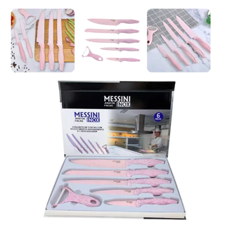 Kit 6 peças jogo de facas rosa inox antiaderente para cozinha com descascador