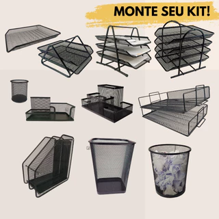 Organizador de Escritório PRETO, Lixeira Escritório Aramada 10L e 12L, Organizador de Mesa, Porta Caneta Lápis, Bandeja Organizadora Porta Papel, Arquivo Duplo Escritório Organizador para Empresa Loja Escolar Escrivaninha