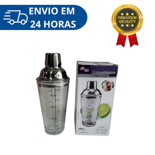 Coqueteleira Copo Vidro Medidor Tampa Inox Drink Bartender Barman Luxo