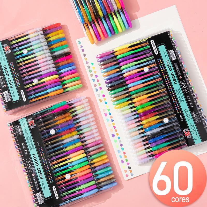 Kit Canetas Gel 48 Cores Glitter Metálico Tons Pasteis E Neon | Shopee ...