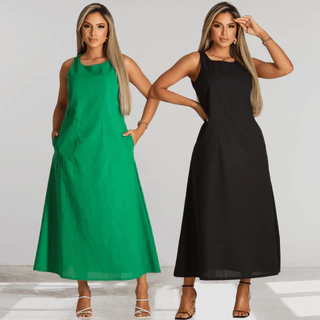 Kit 2 Vestidos Linho Regata Moda Feminina Comportado Liso