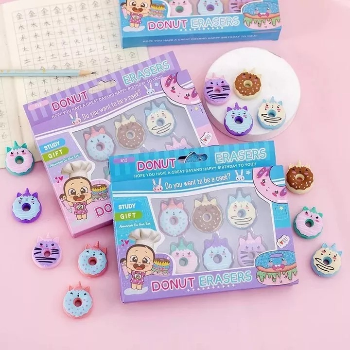 KIT 1/3/5 Pacote com 6 Mini Borrachas Donuts Desmontável Kawaii / PAPELARIA