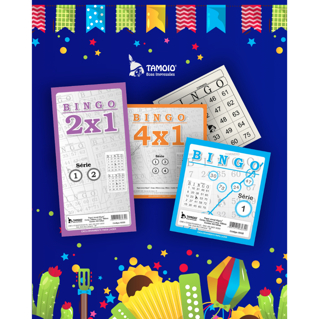 BINGO PARA FESTA JUNINA PAPEL JORNAL TAMOIO PACOTE COM 6 BLOCOS BINGO 4X1 PACOTE COM 12 BLOCOS