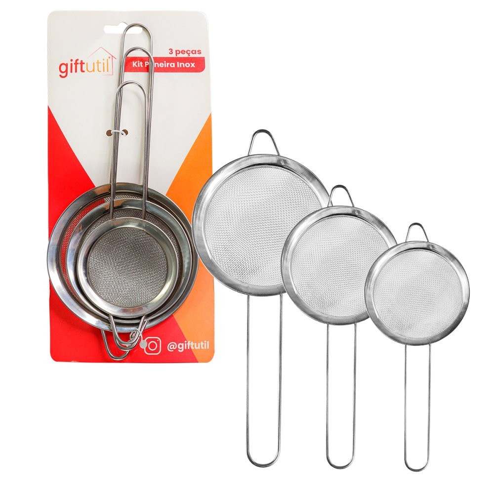 Kit 3 Peneiras de Inox Durável Leve Conjunto Kit Fácil de Limpar Cozinha Peneirar Farinha Higiênico