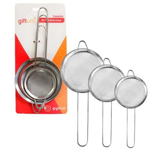 Kit 3 Peneiras de Inox Durável Leve Conjunto Kit Fácil de Limpar Cozinha Peneirar Farinha Higiênico