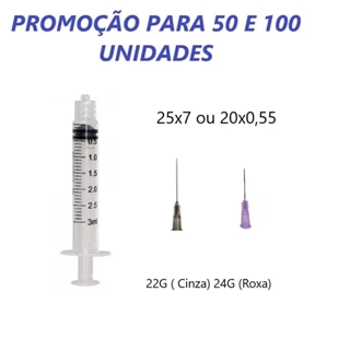 50 / 100 Unidades de Seringa de 3ml Luer Lock (Rosca) com agulha com 25x7 (Cinza/ Preta) ou 20x55 (Roxa / Lilás) em Oferta na Shopee