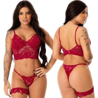 Conjunto Lingerie Renda Sutiã Cropped Sem Bojo Com Forro Calcinha com Regulagem String Perneira Persex Rebeca
