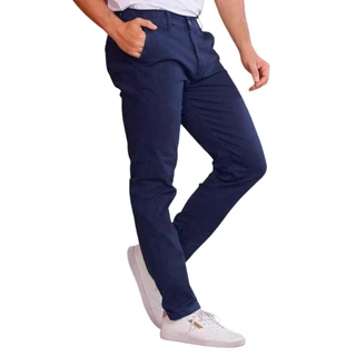 Calça de Sarja Corte Alfaiataria Masculina Slim Fit com Lycra Bolso Embutido Social Casual Azul Marinho