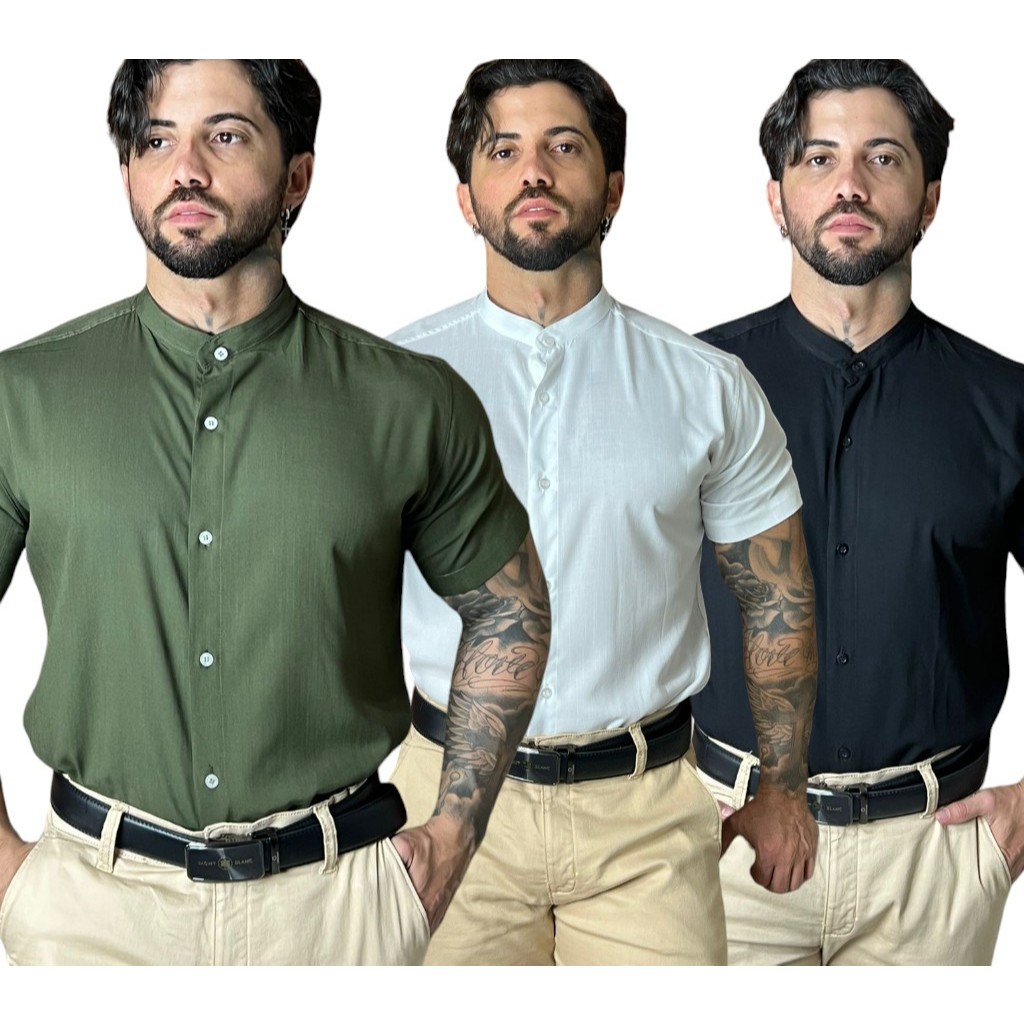 Camisa Social Gola Padre Masculina Slim Fit Manga Curta Envio Imediato ...