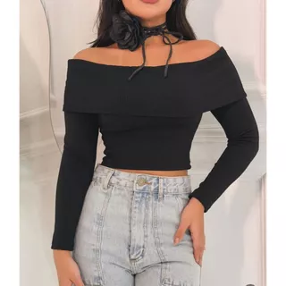 Blusa Feminina Manga Longa Ombro a Ombro blusinha ribana canelada algodão