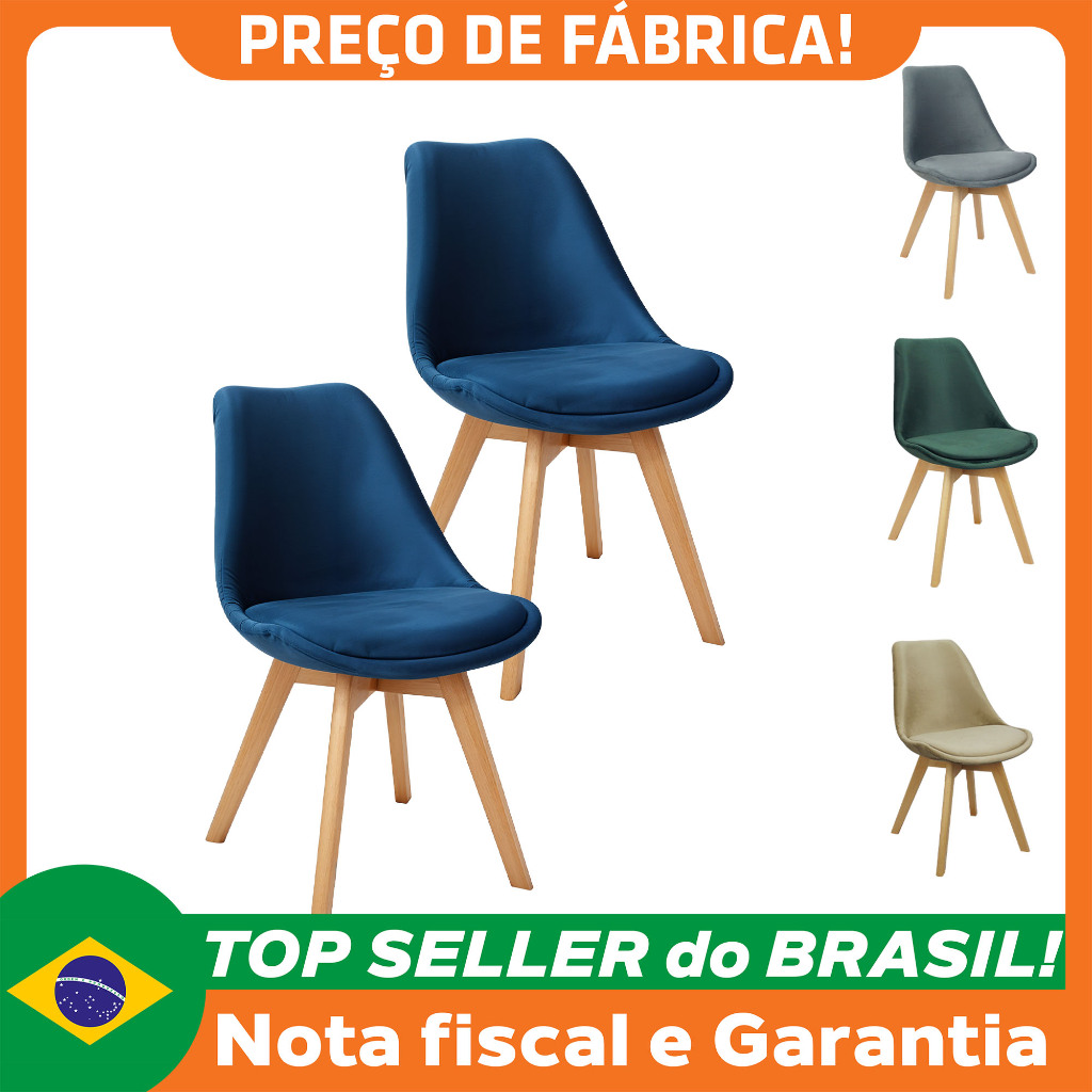 Kit 2 Cadeiras Charles Eames Leda Veludo Luisa Saarinen Estofada Base Madeira