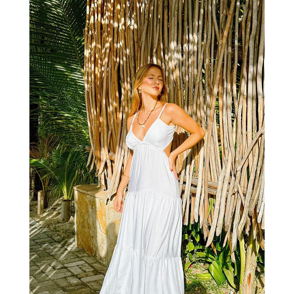 Vestido Longo Alça Decote V Luna Viscolinho Elegante Casual