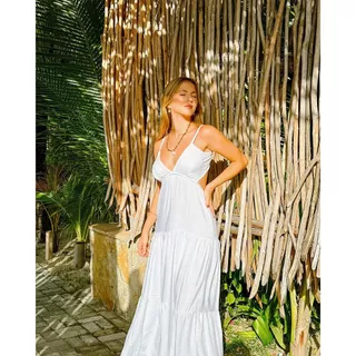 Vestido Longo Alça Decote V Luna Viscolinho Elegante Casual