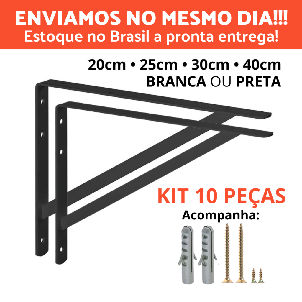 Kit 10 Mãos Francesas 20cm 25cm 30cm 40cm Suporte De Prateleira Tampo De Mesa E Bancada 10 Peças
