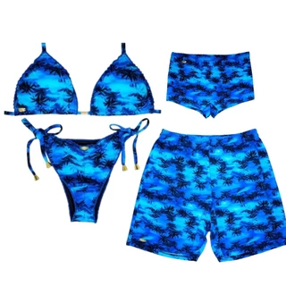 Kit Família Biquíni Mãe Bermuda Pai Mais Sunga Boxer Filho Moda Praia