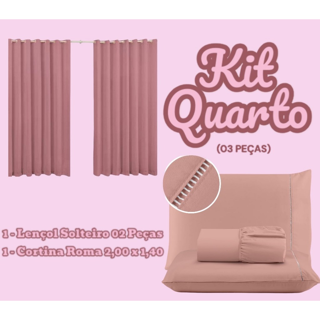 Kit Quarto 03 Peças 1 Lençol Solteiro 02 Peças Ponto Palito 1 Cortina Roma 200x140 com Ilhós Decoração - Azul Claro