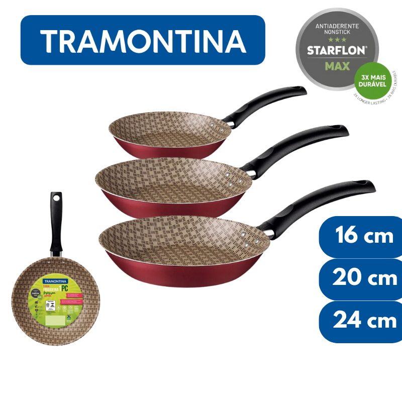 JOGO 3 FRIGIDEIRAS TRAMONTINA ANTIADERENTE STARFLON MAX TURIM VERMELHO