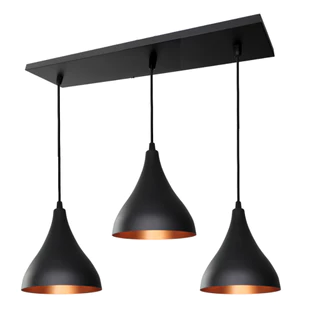 Lustre Pendente Gota Preto c/ Cobre Triplo na Canopla Retangular Sala de Jantar Decoração elegante