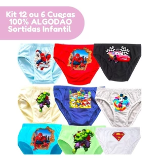 Kit 12 ou 6 Cuecas Slip Infantil Personagens Algodão Menino