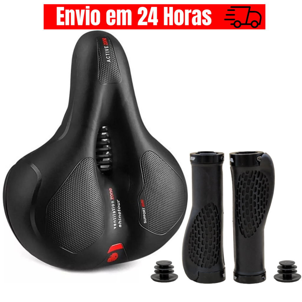 Banco Selim 2 Molas Mega Soft Vazado Confortável Largo Com Refletor Gel Manopla Anatômica Com Travas Bike Bicicleta