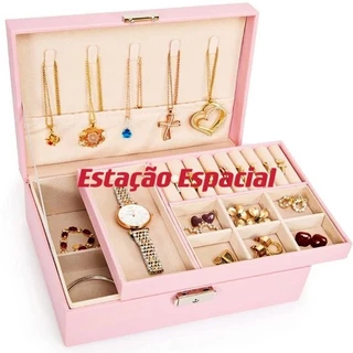 Porta Joia Grande três/Dupla Camada Multifuncional Couro com Chave em Oferta na Shopee