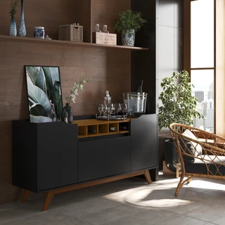 Buffet Aparador 4 Portas Com Adega Pés Em Madeira Maciça Luxo 152cm