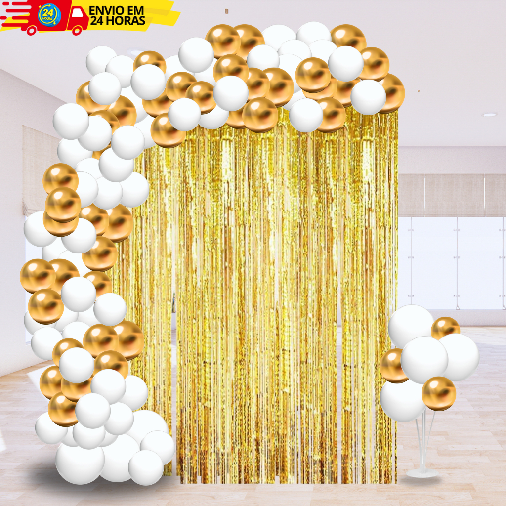 Kit 100 Balão Latex e Cromado Branco Dourado + Cortina Metalizada Decoração Para Aniversário Festas