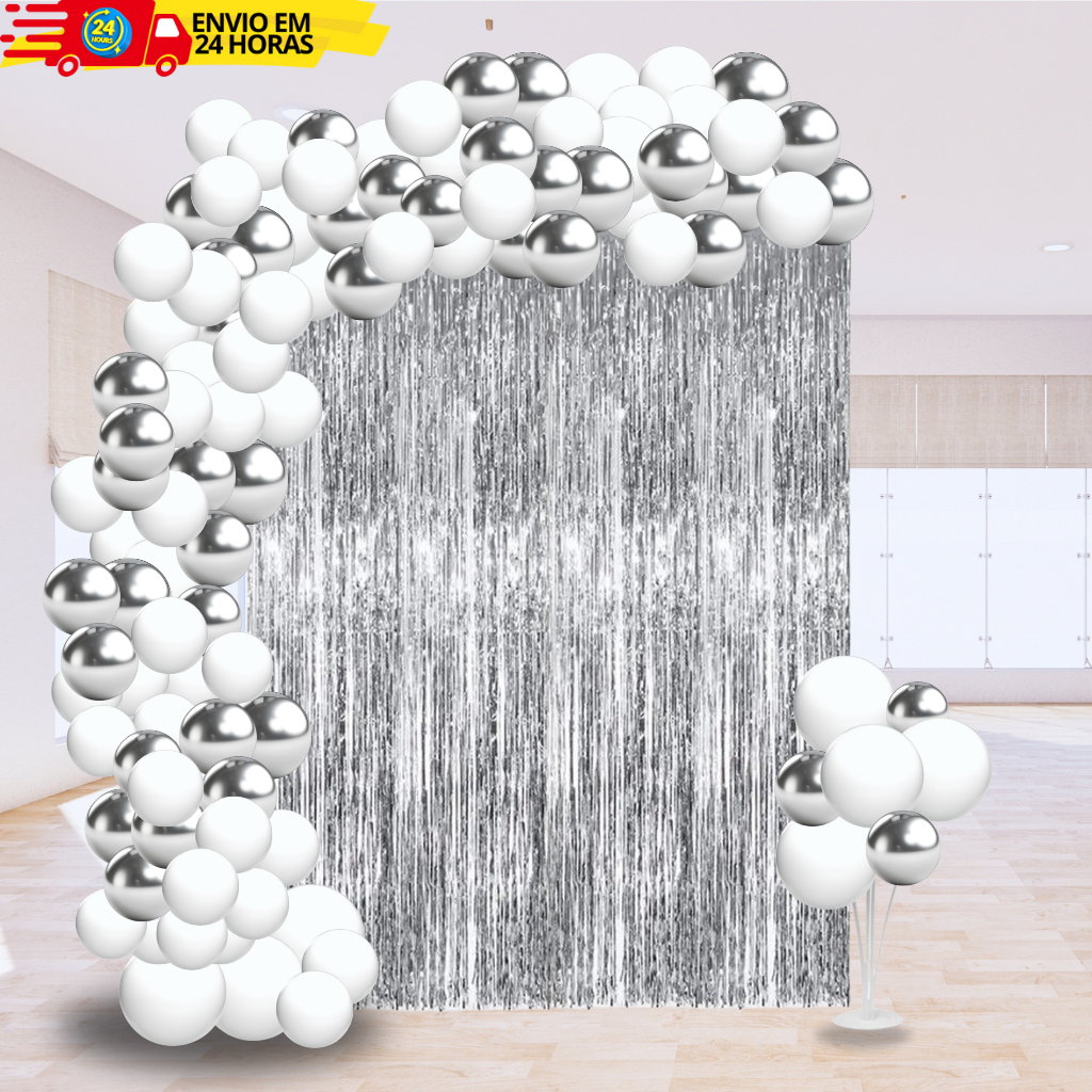 Kit 100 Balão Latex Cromado Branco e Prata + Cortina Metalizada Decoração Para Aniversário Festas