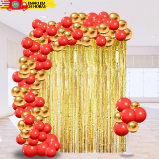 Kit 100 Balão Latex e Cromado Vermelho Dourado + Cortina Metalizada Decoração Aniversário Festas