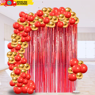 Kit 100 Balão Latex e Cromado Dourado Vermelho + Cortina Metalizada Decoração Aniversário Festas