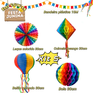 Kit 5 Enfeite Bandeira Plástica 10M + Leque 30cm + Colmeia losango 30cm(22) + Balão redondo 30cm(1)+ Bola 30cm(91) Festa Junina