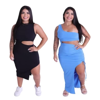 Kit 2 Vestido Feminino Fenda Lateral Com Gola e Vestido Longo Abertura Perna Com Franzido na Lateral