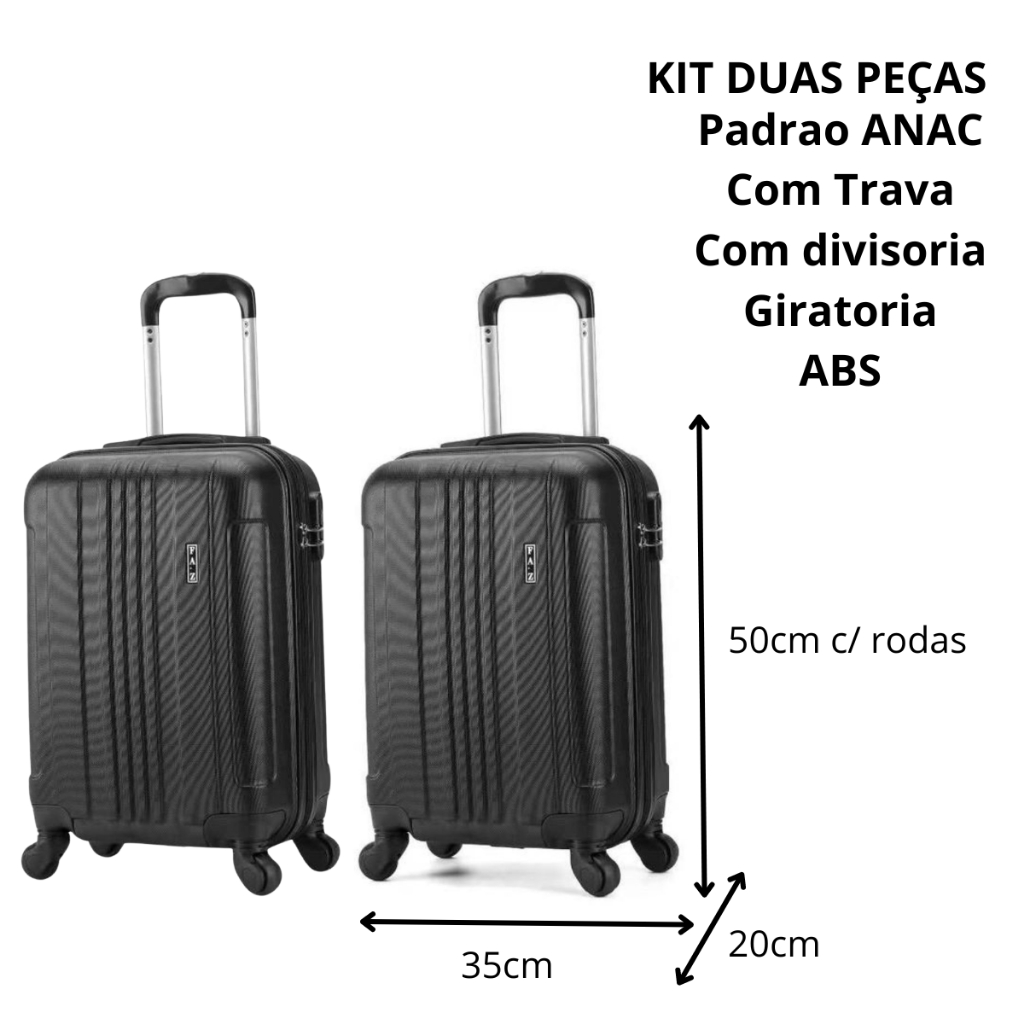 Kit Mala Duas Pecas Bordo Aviao ABS Giratoria Cadeado Divisoria Ferias