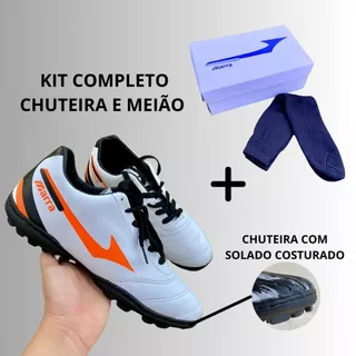 Chuteira Society Costurada + MEIÃO PRETO M-2 BRANCO/PRETO/LARANJA Super Reforçada Tênis Futebol Quadra Society Adulto Juvenil Unissex Masculino Feminino