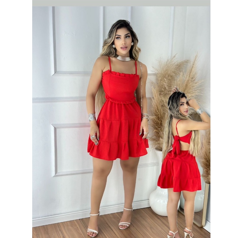 Vestido curto detalhe de babado na frente com alça regulável | Shopee ...