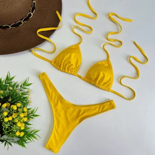 Biquíni Asa Delta Amarelo Conjunto Top Cortininha Sem Bojo Calcinha Semi Fio Dental