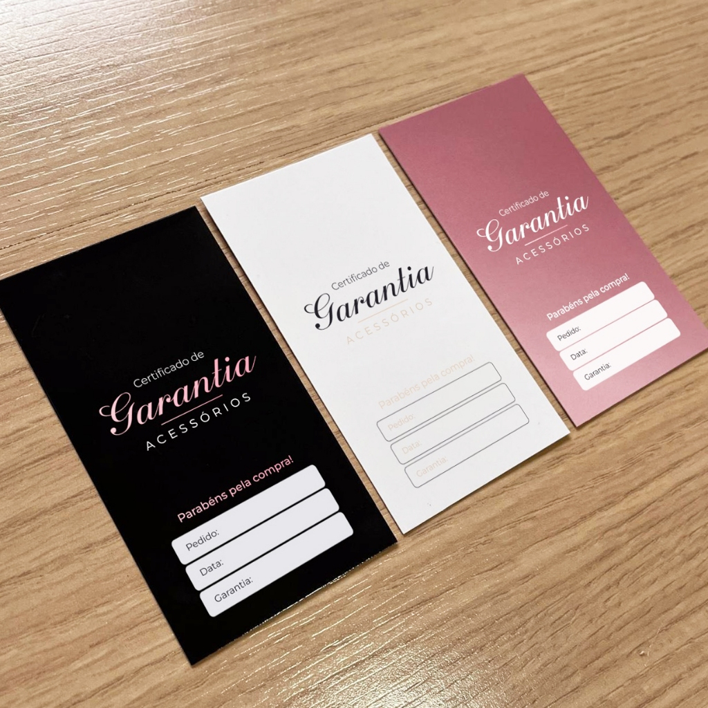 Cartão Certificado de Garantia e Cuidados Acessórios Semijoias e Bijouterias - 5x9cm