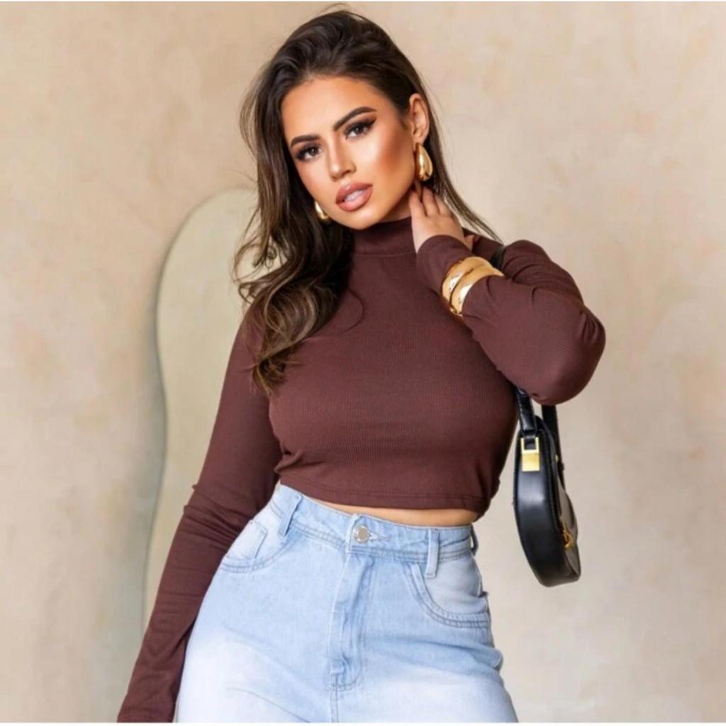 Cropped Feminino Gola Alta Manga Longa Em Suplex | Shopee Brasil