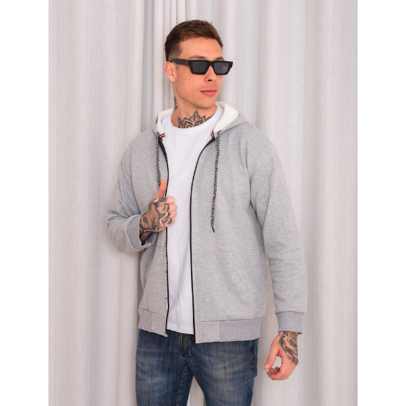 Blusa De Moleton Masculino Com Ziper E Capuz Flanelada Cinza Claro