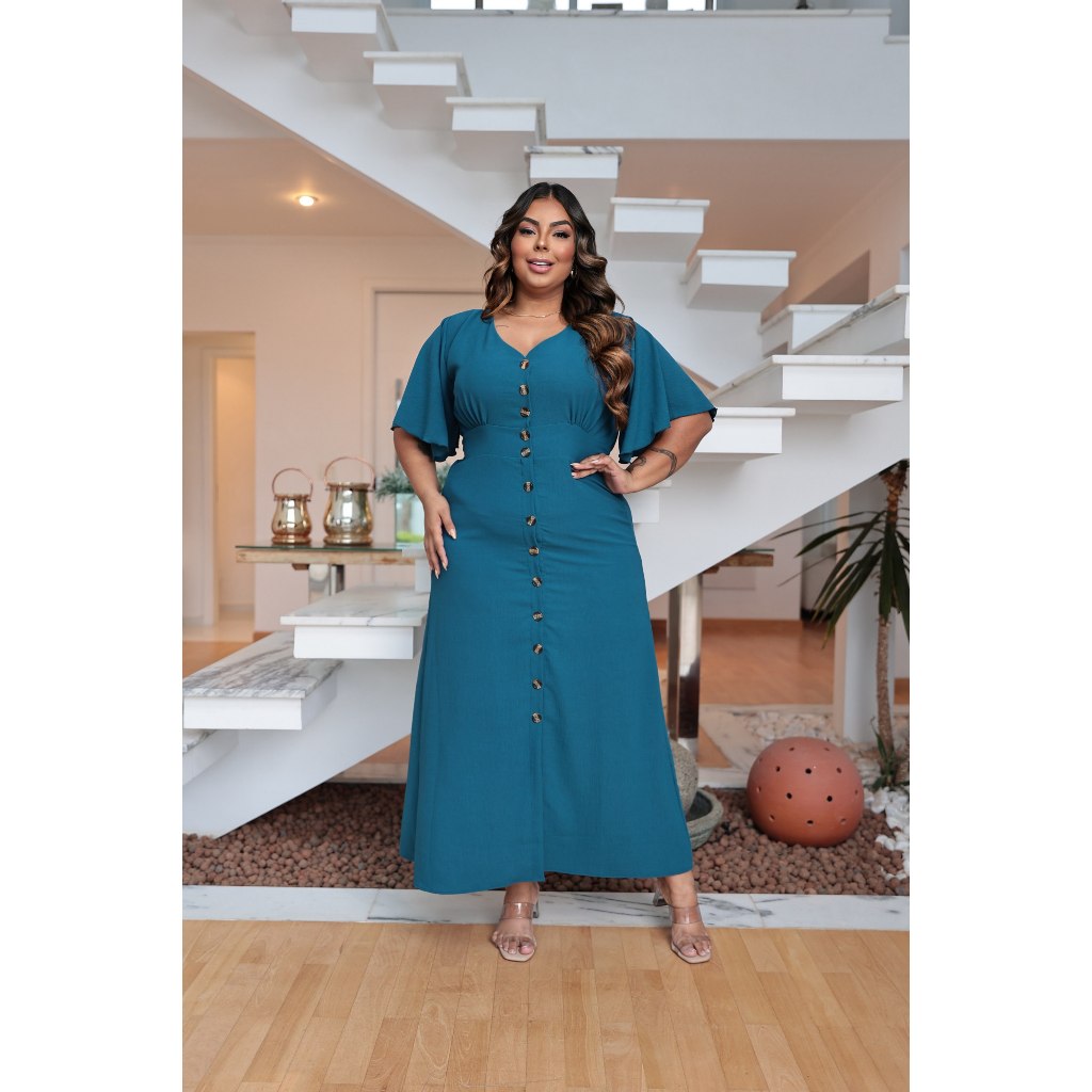 Vestido Longo Feminina com botões funcionais tecido Duna Air Flow