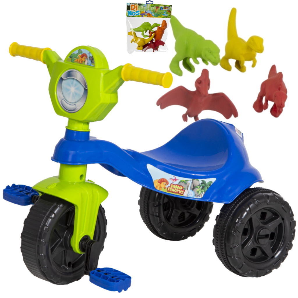 Motoquinha Dino Com Pedal + 4 Dinossauros de Brinquedo Certificado Inmetro - Crianças +2 anos - Motoca Triciclo Velotrol